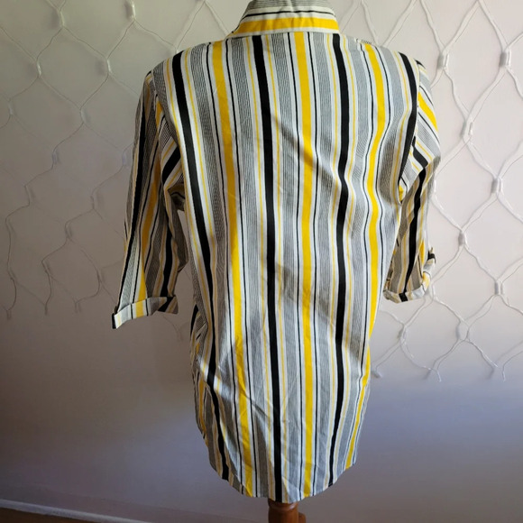 Vintage Striped Tunic Blouse / Button Down / Yellow/Black/White / Sz 10 - Picture 5 of 9